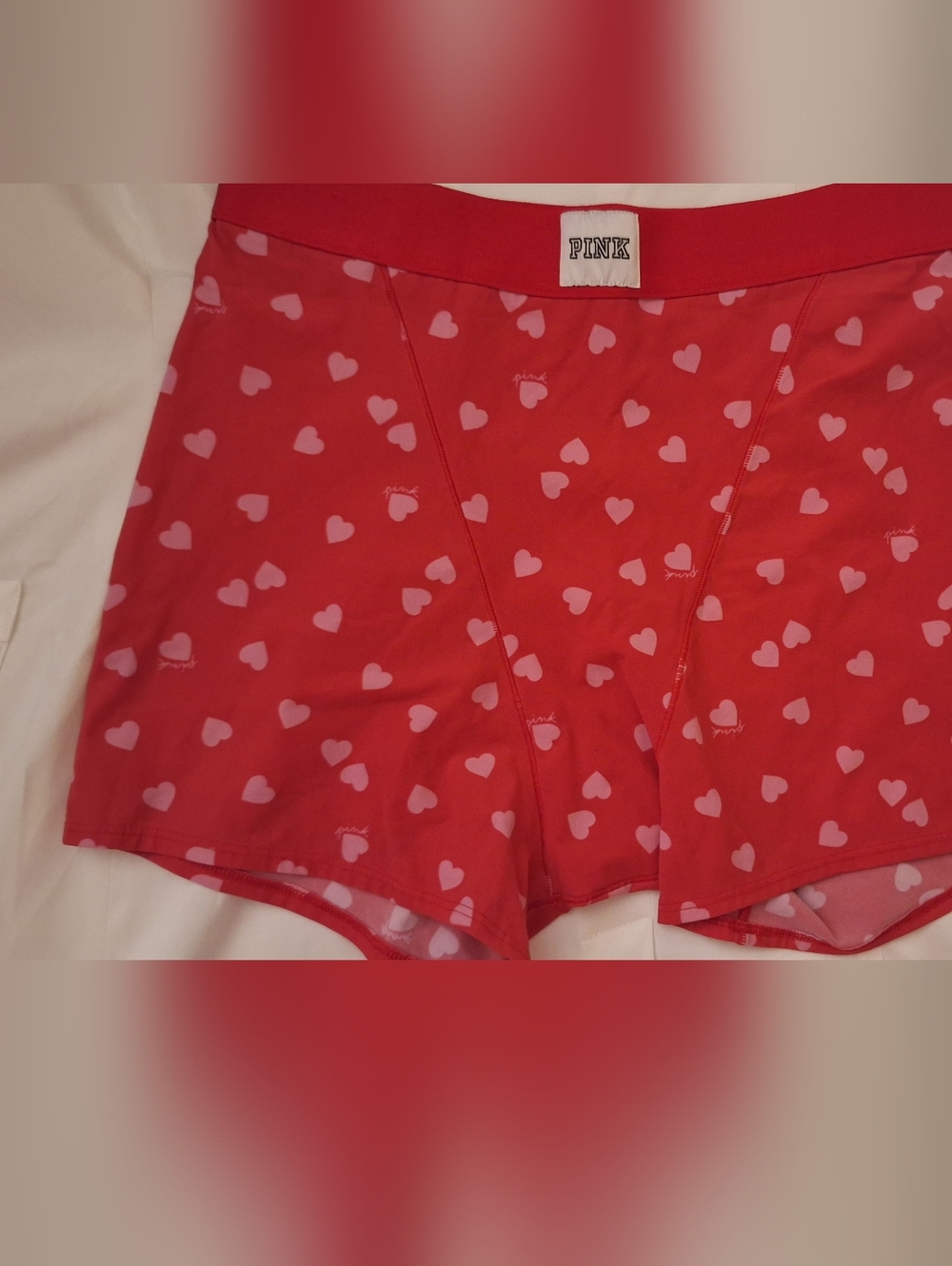 PINK Victoria's Secret Red Boxer Shorts with Pink Heart Print